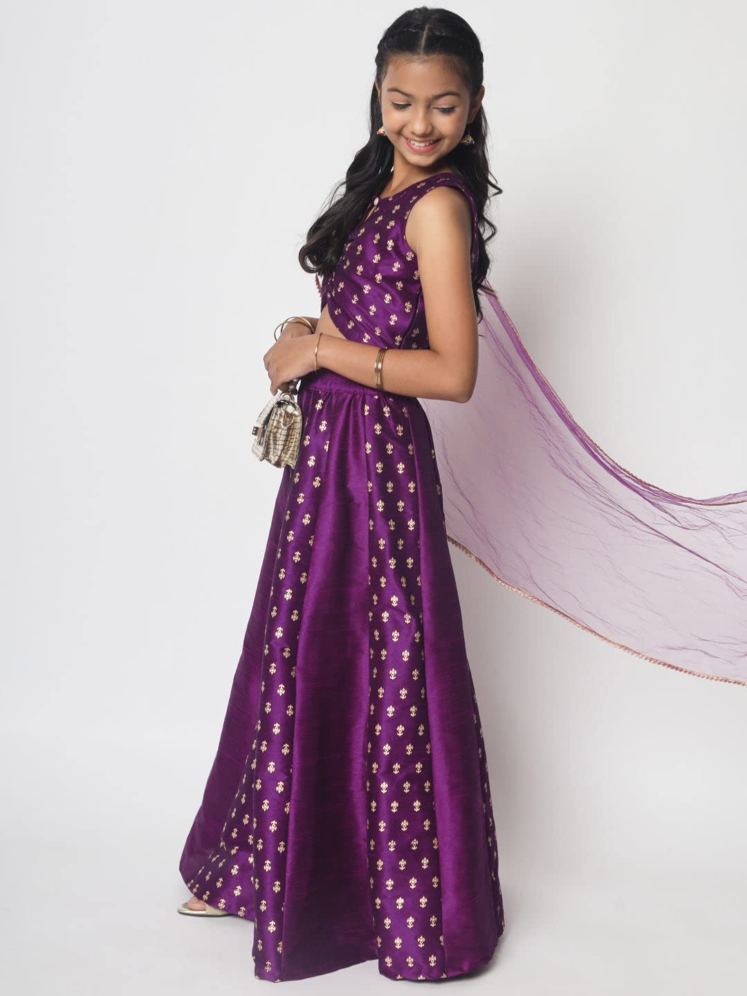 studio rasa Girls Dupion Block Printed Kalidaar Kids Skirt for Wedding Party Festive(GSC12302/11-12_Purple_11-12yrs) 4