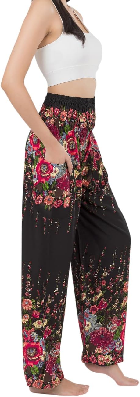 Banjamath® Women's Smocked Waist Harem Hippie Boho Yoga Palazzo Casual Pants (M,Floral Black 2) - Image 5