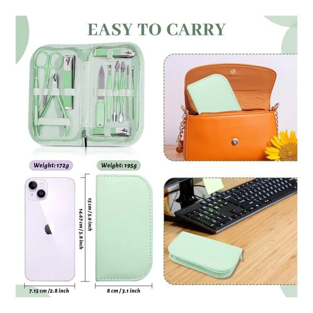 Kit Manicure per Donna, Set for Manicure e Pedicure da 12 Pezzi for Donne e Uomini, Kit for la Cura delle Unghie in Pelle con Strumenti Professionali(Green)