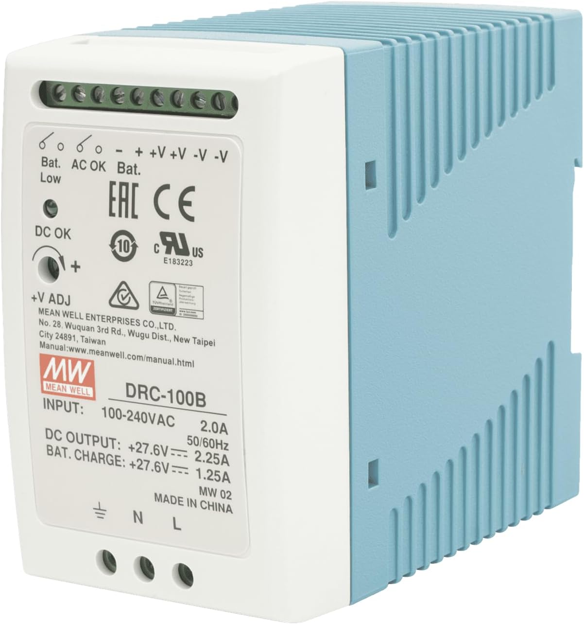 Mean Well DRC-100B DIN Rail Single Output Power Supplies with Battery Charger UPS Function, 96.6W CH1 27.6V2.25A CH2 27.6V 1.25A, 90 ~ 264 VAC, 127 ~ 370 VDC Input.