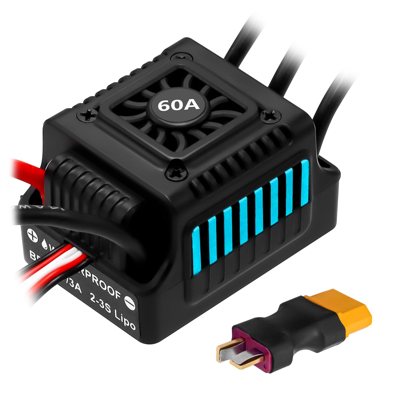 Controlador de velocidad electrónico ESC 2-3S sin escobillas de 60 A, impermeable, ESC para control remoto 1/10 de coche y camión (azul)