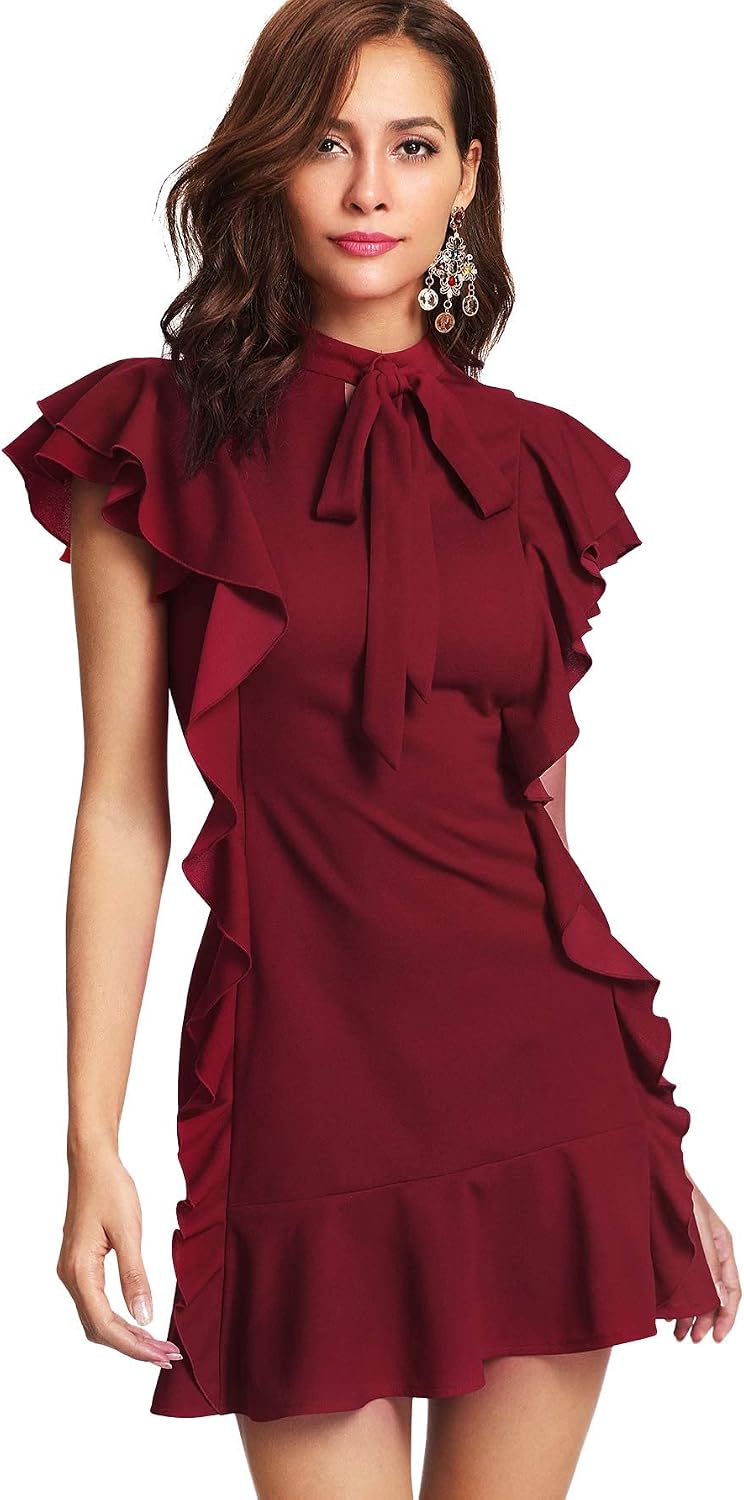 Floerns Women's Tie Neck Short Sleeve Ruffle Hem Cocktail Party Dress