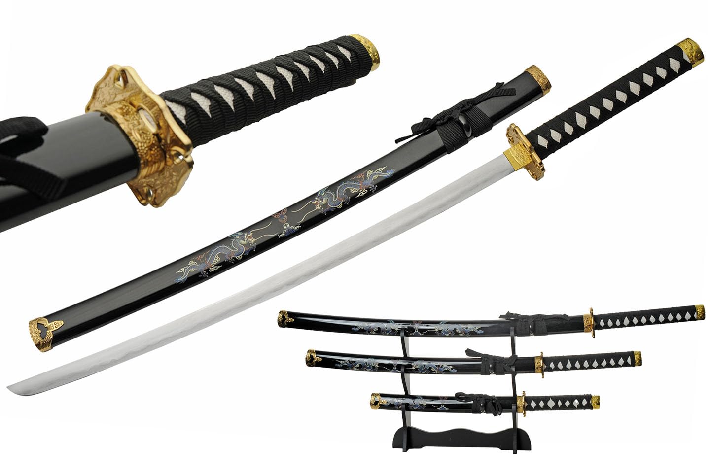 3 Piece Black Double Dragon Katana Sword Set with Stand