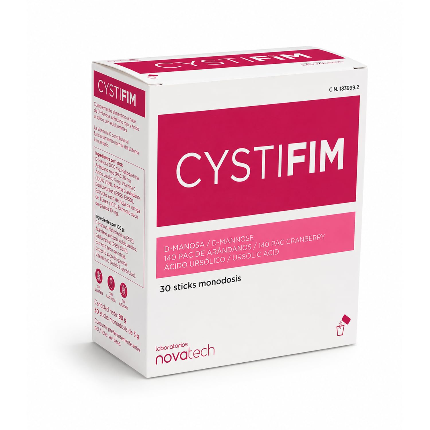 NOVATECH - CYSTIFIM - 30 Sticks - Complemento Alimenticio - D-Manosa + Arándano Rojo + Ácido Ursólico - Prevención de Infecciones Urinarias y Cistitis - Mantenimiento del Sistema Inmunológico