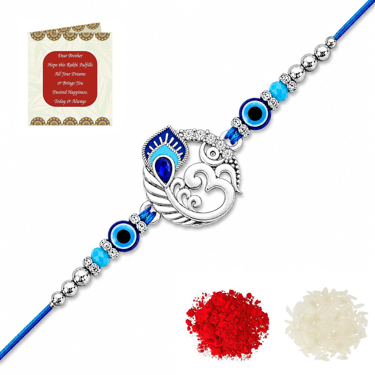 Riddhika Ventures Alluring Gold Plated Om and Pearl Rakhi with Roli Chawal & Greeting Card for Men