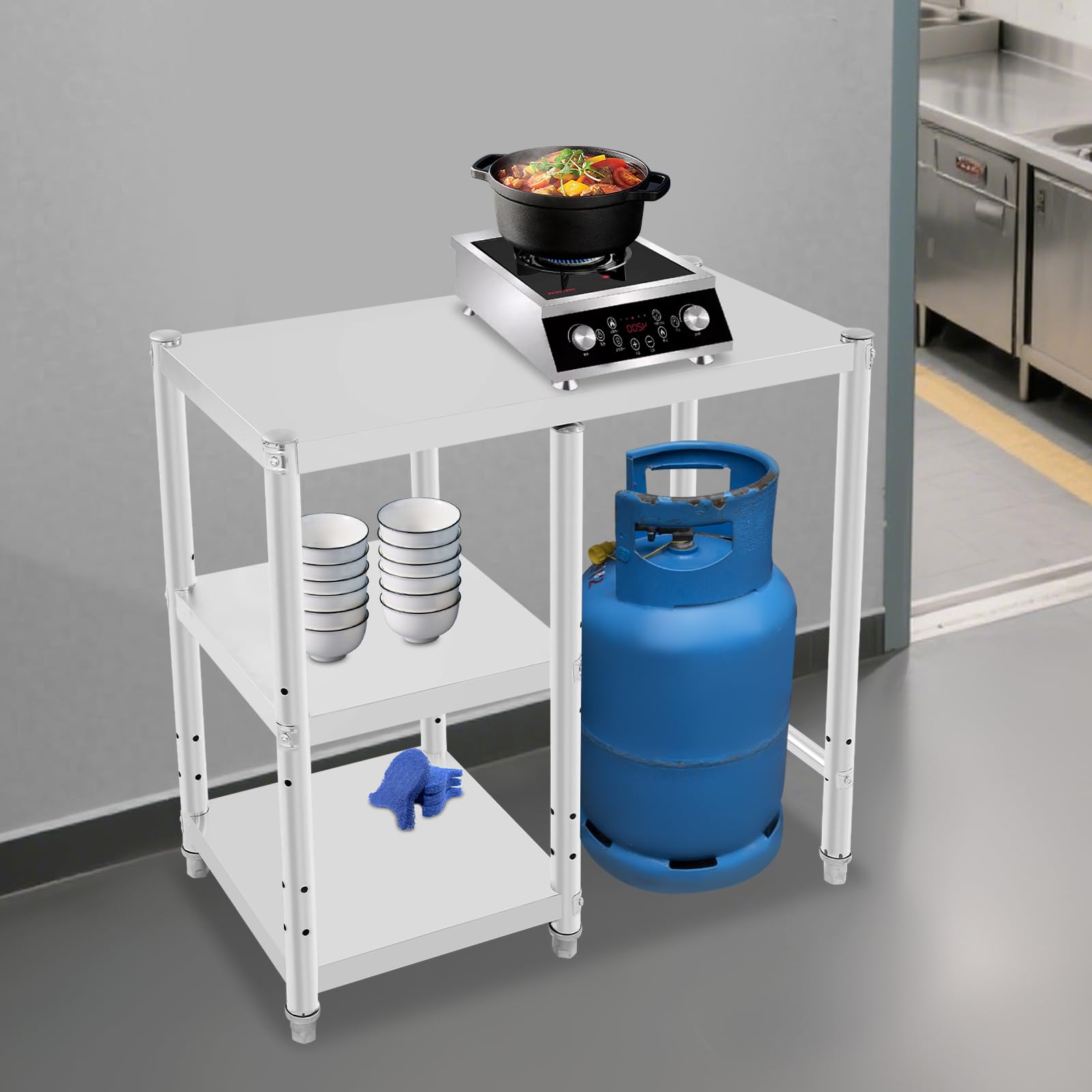Scaffalatura da cucina, per bombole a gas e fornelli, supporto per forno a microonde con portaoggetti, supporto da cucina a 3 piani con ripiani regolabili, tavolo da caffè