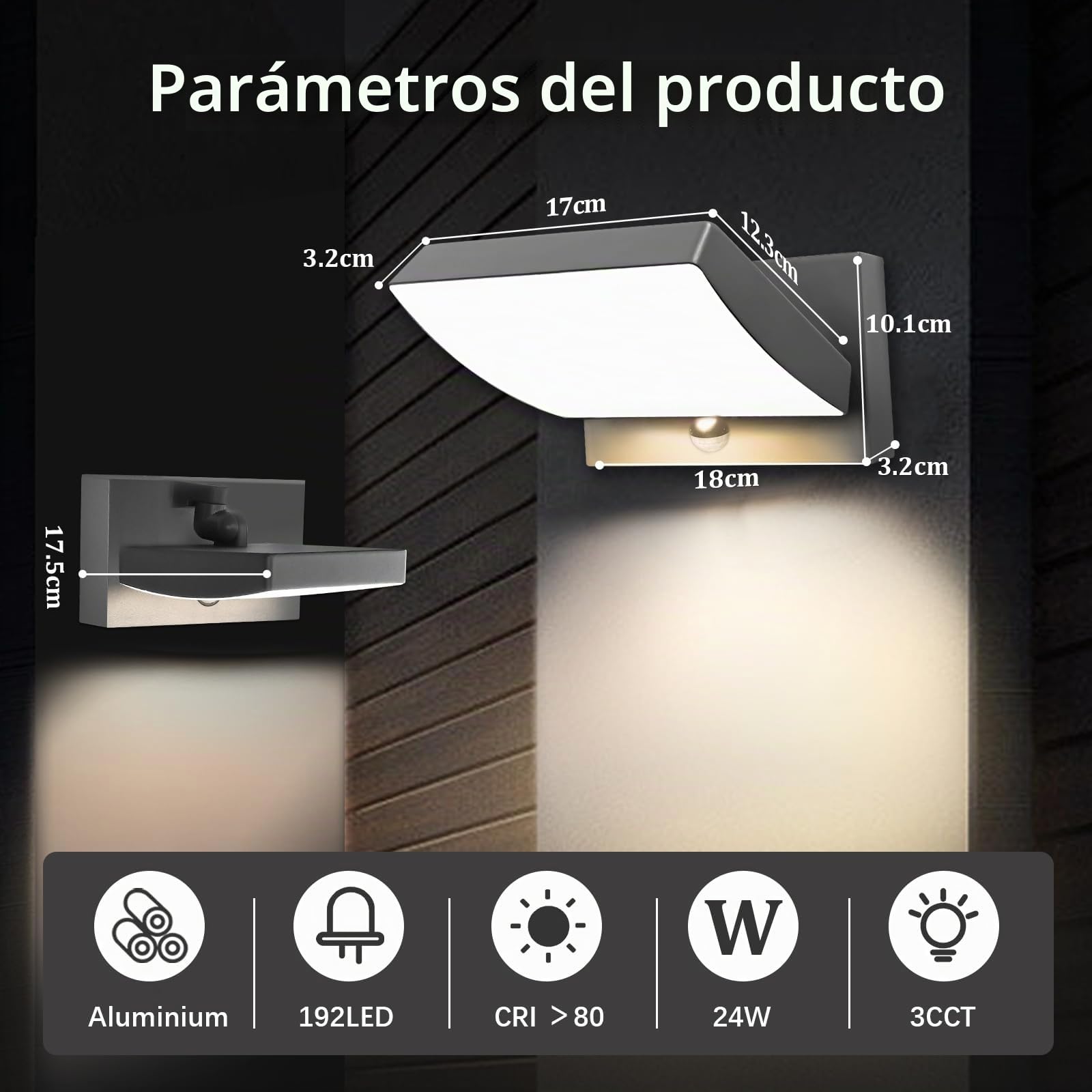 GeyouLux 24W Apliques Exterior LED con Sensor de Movimiento,192 LED 3500LM IP65 Lámpara Exterior,3 Modes Lámpara Pared Ajustable Interior Apliques da Pared Aluminio para Corredor Jardines,Antracita
