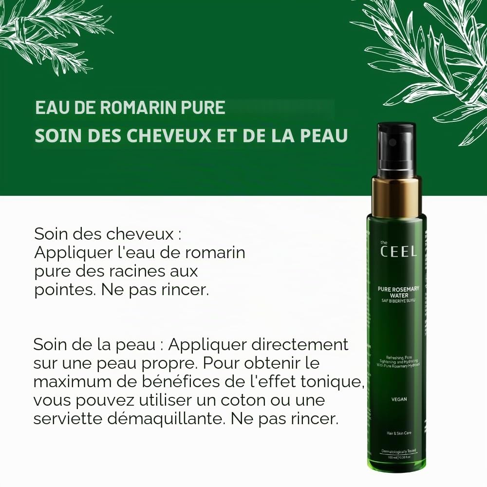 The Ceel Spray Tonique Pur au Romarin - Spray Végane Sans Rinçage pour le Cuir Chevelu - Brume Légère Hydratante Usage Quotidien - Tous Types de Cheveux - 100 ml