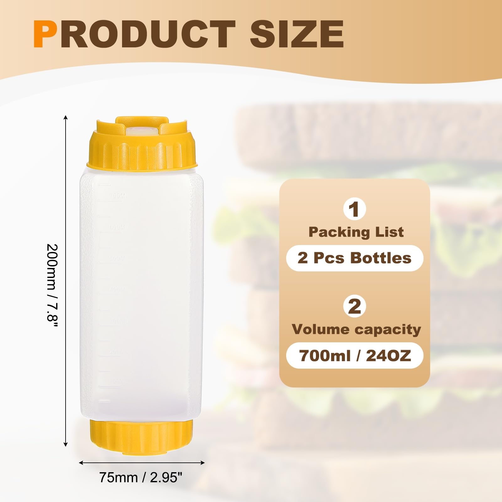 QUARKZMAN Bottigliette Dosatrici per Condimenti, 2 Pezzi 24 Oz Bottiglia Quadrata Doppio Beccuccio Ricaricabile, Dispenser Antigoccia per Olio da Cucina Salsa Miele Sciroppo, Giallo