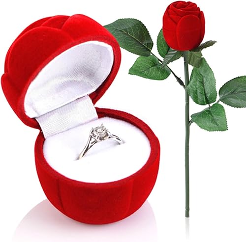 Caja de anillo de rosas, caja de anillo de flores, simulación de rosa roja, aniversario de boda para novia, esposa, romántica