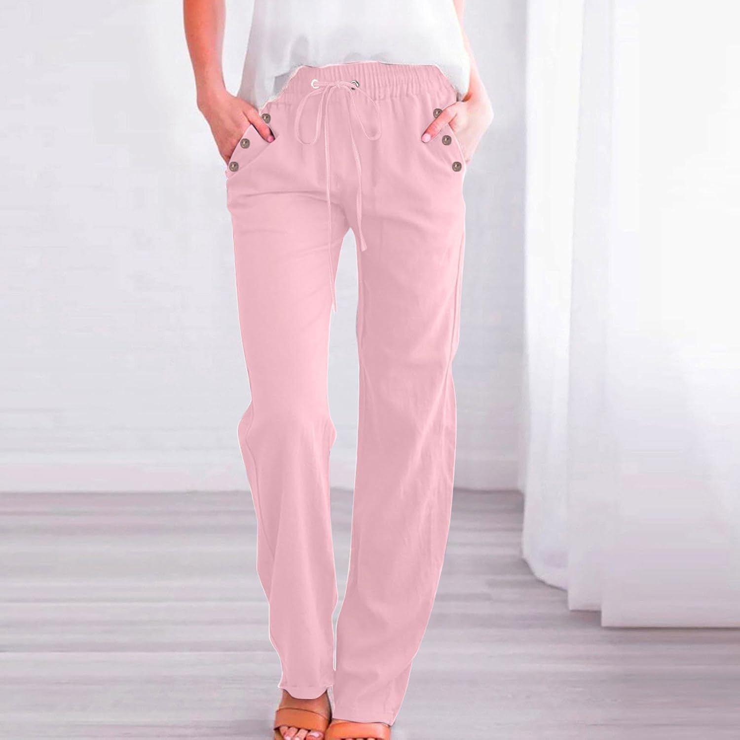 Women's Linen Wide Leg Pants High Waist Flowy Palazzo Pants with Pockets Cotton Linen Drawstring Casual Work Trousers