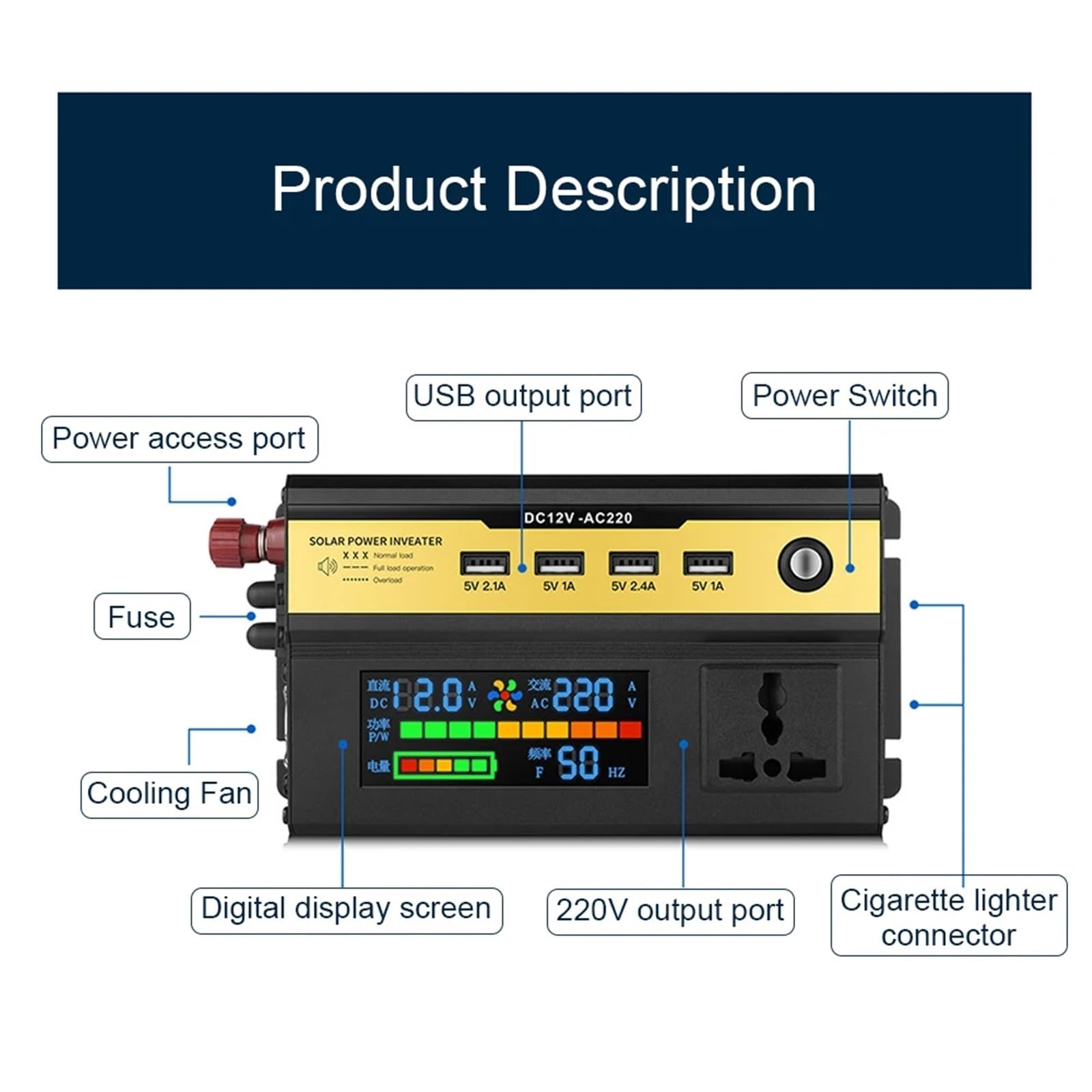 Microinverter, Inverter for auto 3000/4000/5000/6000W Inverter sinusoidale modificato digitale a LED Convertitore da 12 V a V 4 porte di ricarica USB(4000W)