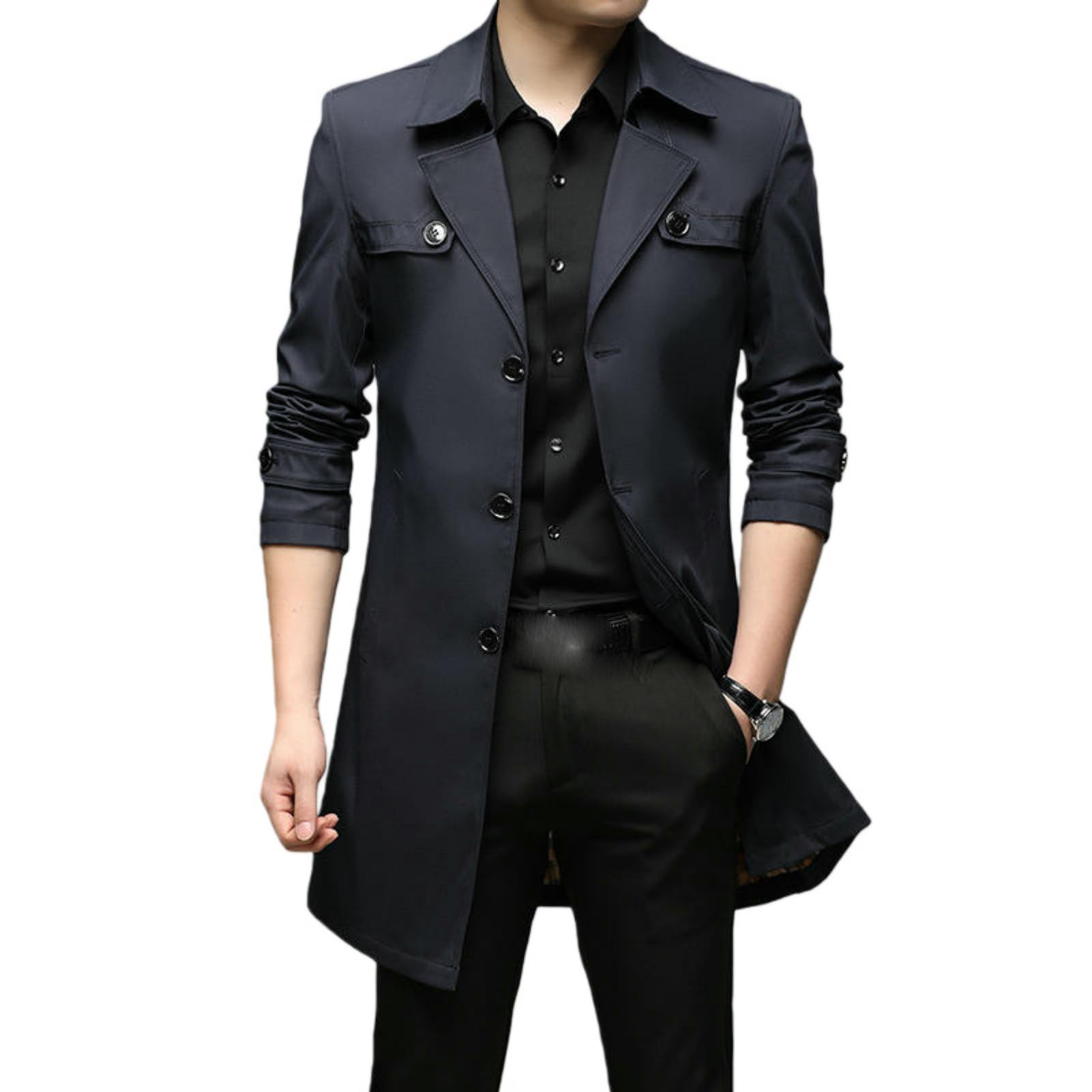 Gabardina de hombre clásica azul marino 8907 alta calidad abrigo medio largo de entretiempo L 8