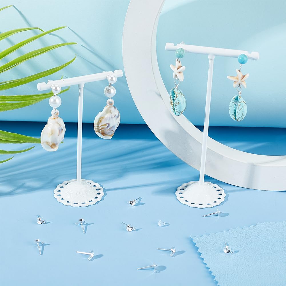 Beebeecraft 1 Box 20Pcs Pearl Cup Earring Post 925 Sterling Silver Stud Earring Findings 0.8mm Pin with 50Pcs Plastic Ear Nuts for Half Drilled Beads DIY Jewellery Making