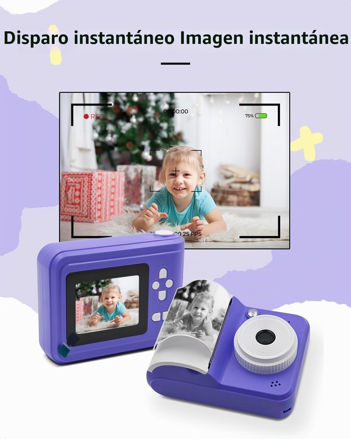 Impresora instantánea para niños, cámara con Pantalla LCD, Juegos, vídeo y Fotos, Incluye 3 Rollos de Papel fotográfico