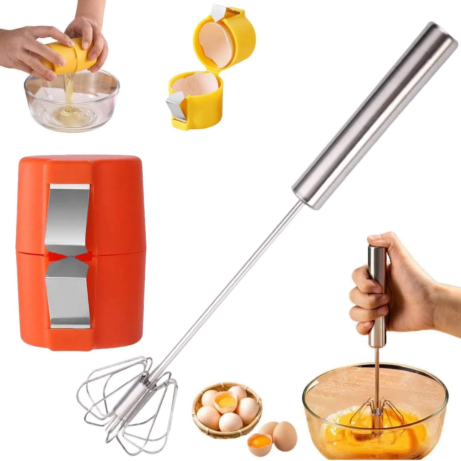 New Stainless Steel Egg Whisk, 2025 Upgarded Hand Mixer Whisk Blender, Egg Beater Hand Push Mixer Stirrer for Blending, Whisking, Beating & Stirring Kitchen Gadget (Whisk+Opener, 10+12+14in)
