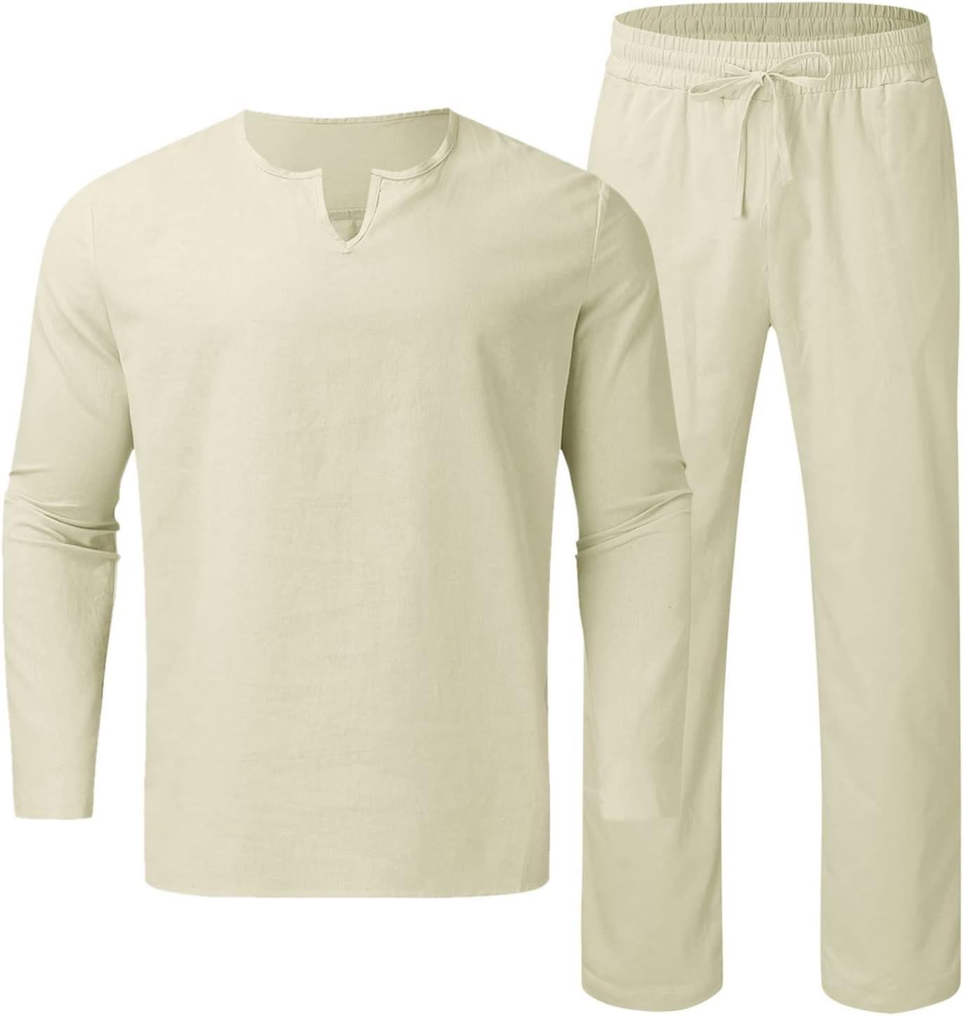 Men Cotton Linen 2 Piece Set Henley Shirt Long Sleeve Casual Beach Yoga Pants Outfit