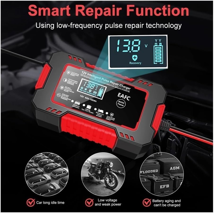 12V 6A Car Battery Charger, LCD Display, Smart Fast Charging & Pulse Repair(Red)