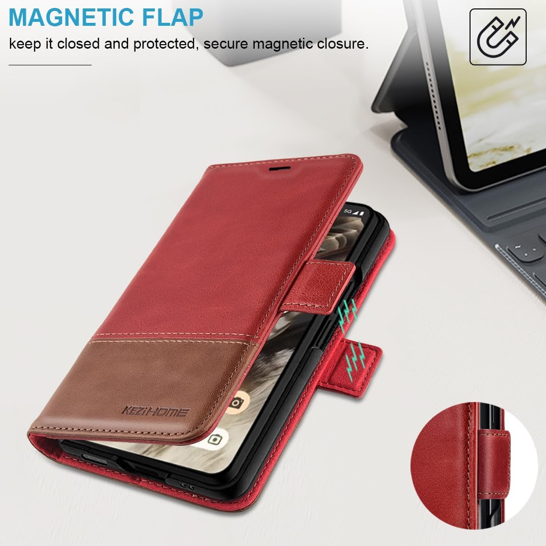 KEZiHOME Case for Google Pixel Fold, Genuine Leather [RFID Blocking] Wallet Case with Card Slots Stand Flip Phone Cover for Google Pixel Fold 5G (2023) (Red/Brown)
