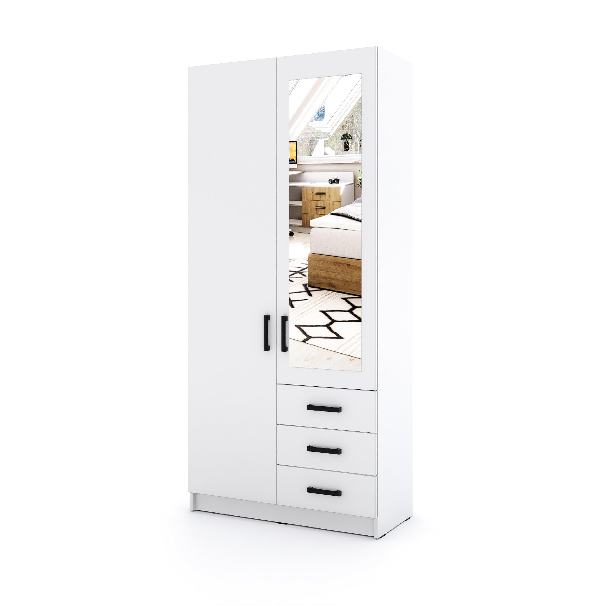Kleiderschrank Sigma 90 cm breit mit Spiegel 2 Drehtüren und 3 Schubladen Korpus in Weiß Matt Schlafzimmerschrank Kinderzimmerschrank (Türen-Weiß, Schubladen-Weiß)