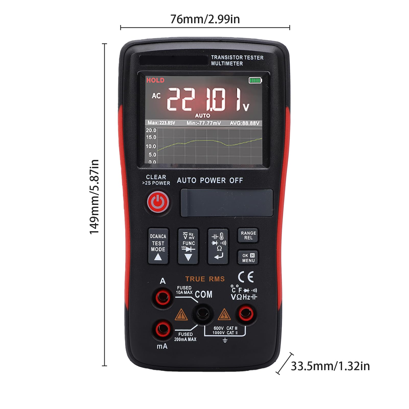 Multímetro Digital True RMS, Pantalla IPS de 2,4 Pulgadas, Probador de Transistores, Pantalla 25000 Recuentos, para Técnicos Reparación Electrónica y Pruebas Campo (ZT-XT1)