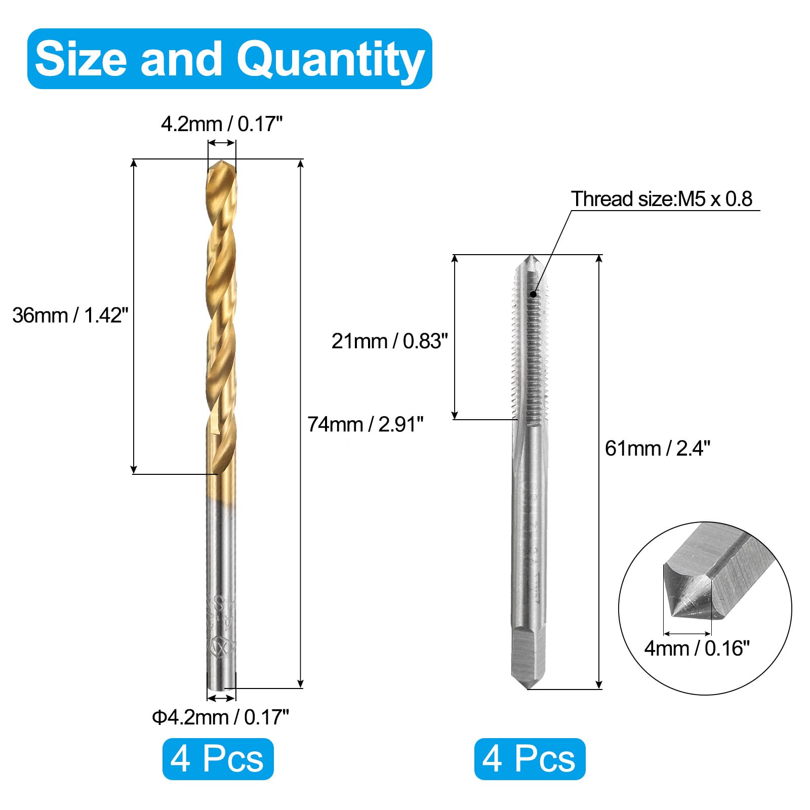 Set di maschi e punte da trapano, 4 maschi per filettatura metrica a scanalatura dritta M5 x 0,8 e 4 punte elicoidali da 4,2 mm, kit di utensili per filettatura HSS-6542 non rivestiti/rivestiti in t