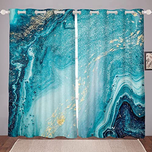 Loussiesd Marble Curtains for Living Room Teal Blue Marble Window Curtain
