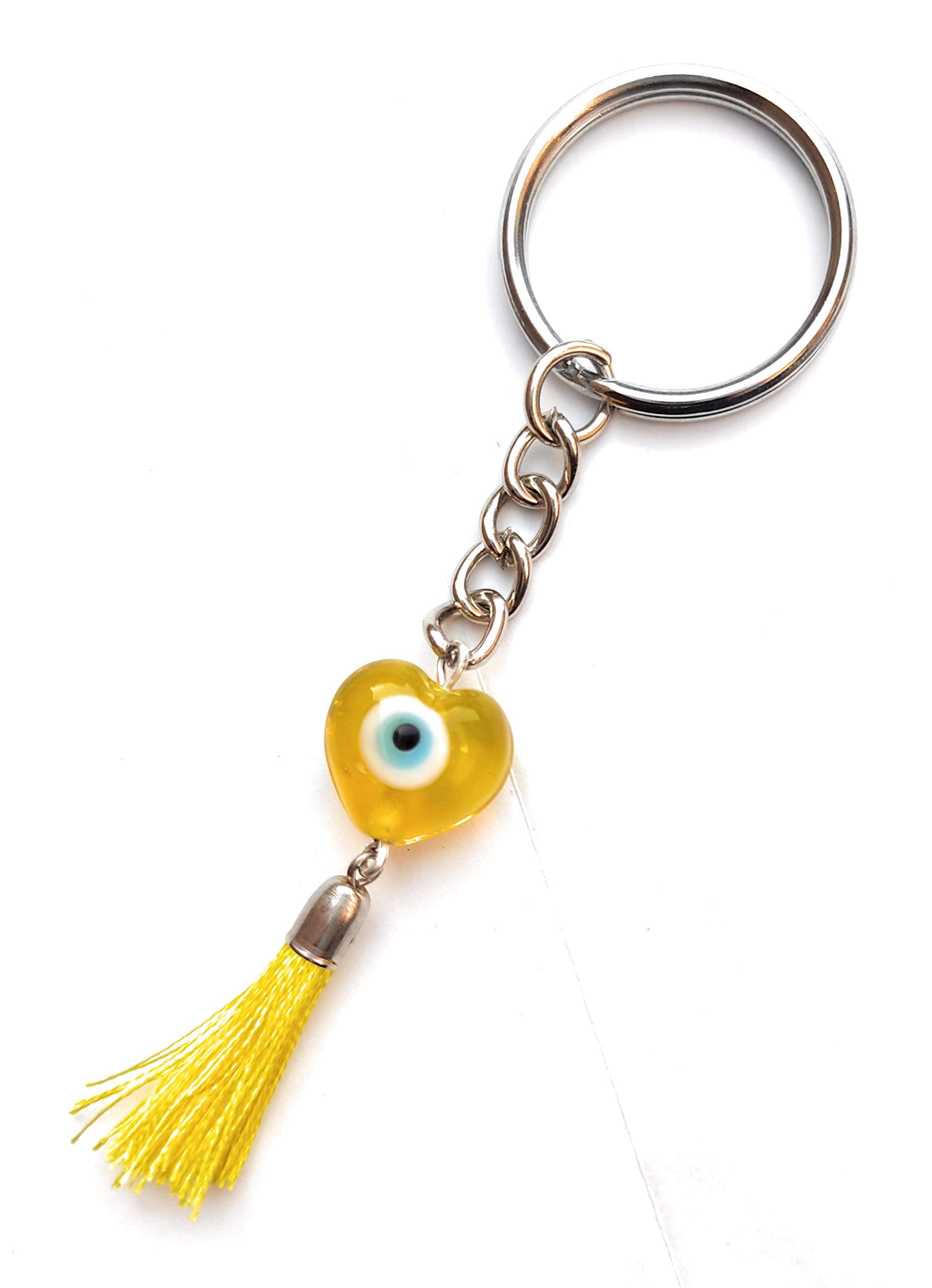 Evil Eye Keychain protect negative energy buri nazar heart shape in glass beads with tassel for Car Good Luck beads Protection DIY Women & Men (Yellow)