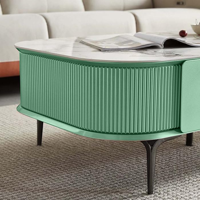 Image of WOODEN SPACE Premium Marble-Top Wooden Center Table for Living Room | Iron Legs | PVD Coating | Modern Entryway Furniture | Coffee Table - 42X24X18 in (Light Green)
