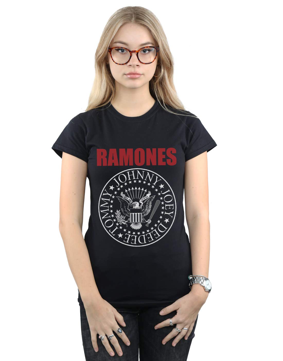 Absolute Cult Women's Black Ramones Red Text Seal T-Shirt Medium