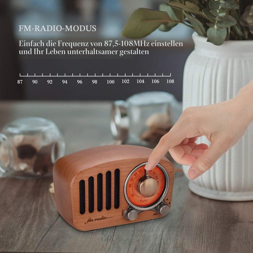 Qoosea Tragbares Radio, Bluetooth-Lautsprecher, handgefertigt, Retro, aus Holz, Bluetooth 4.2, Mini-Lautsprecher mit Subwoofer, Super Bass, mit FM-Radio, Audio-Eingang