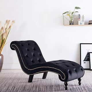 Chaiselongue Samt Schwarz mit Dicker Polsterung, ergonomischem Schnörkel-Design und Knopfpolsterung, weicher Liegekomfort, maximale Belastbarkeit 110 kg pro Sitzplatz
