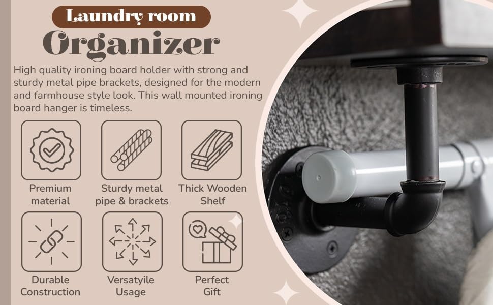 Miniatura 4 de Soporte de pared para tabla de planchar - Estante de madera resistente con soportes de tubo de metal - Tabla de planchar colgante - Colgador de