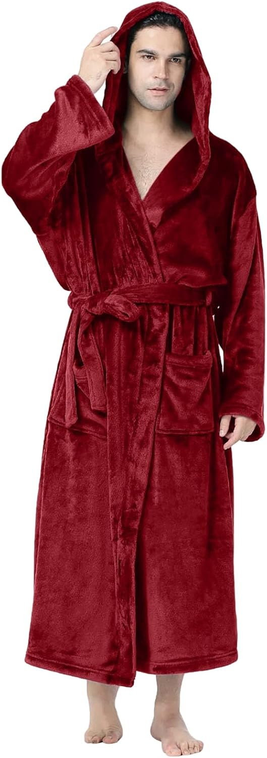 Robes for Men Bathrobe Plush Long Fuzzy Fleece Robe Winter Soft Terry Cloth Bathrobes Spa Bath Robe with Hood & Pockets