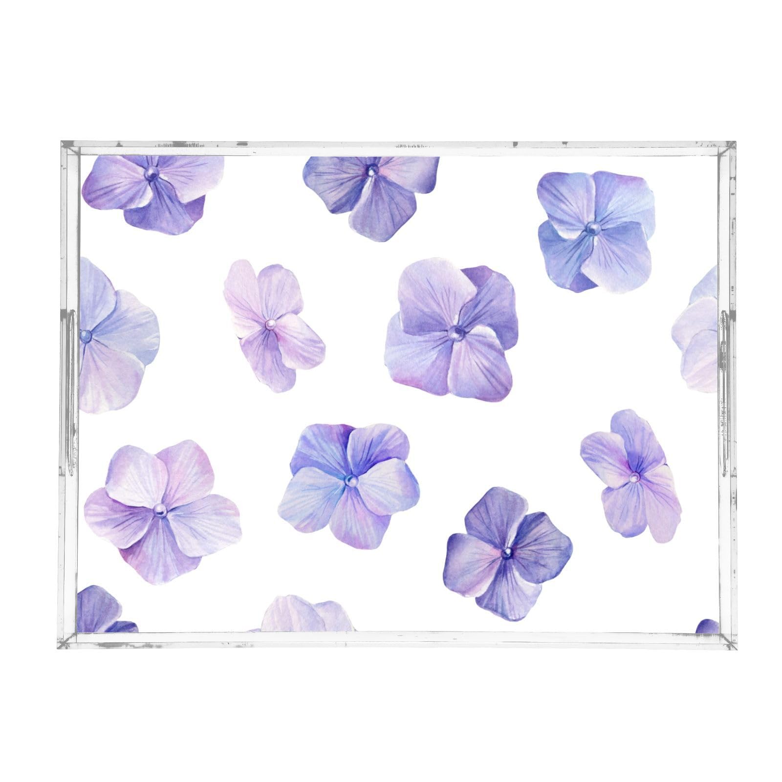 Bandeja de acrílico transparente para servir con asas, bandeja de desayuno de 12 x 16 pulgadas, bandeja de desayuno acrílica azul con flores de hortensias, acuarela, a prueba de derrames, bandeja de