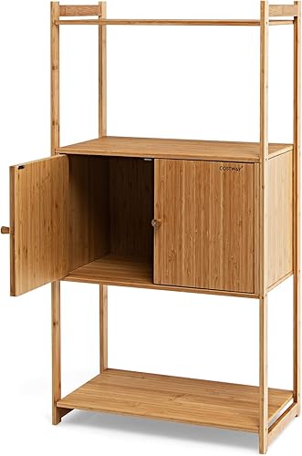 COSTWAY Bathroom Storage Cabinet, 4-Tier Bamboo Storage Organizer with 2 Doors, Freestanding Floor Cabinet for Bathroom, Living Room, Kitchen,