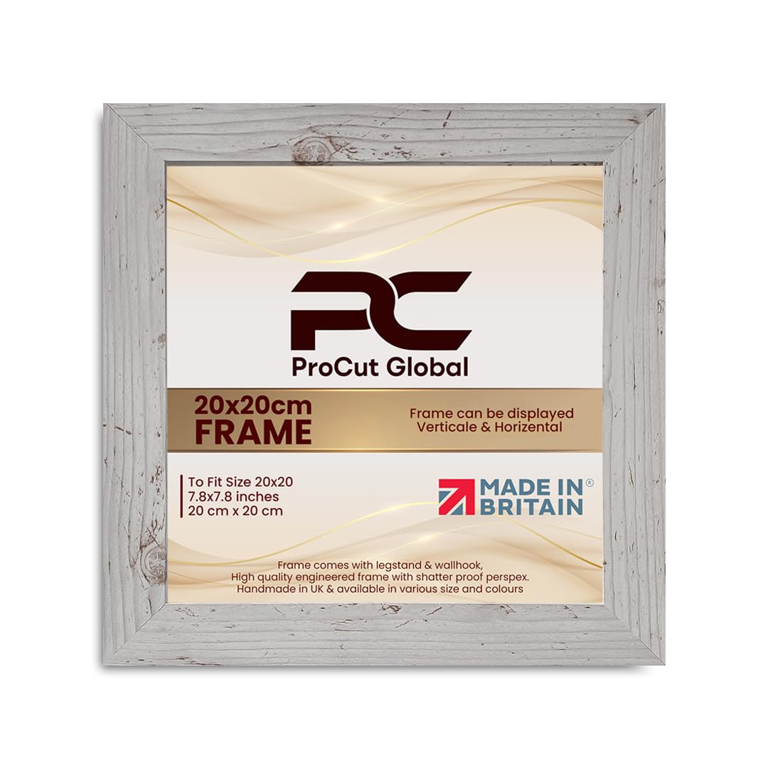 Procut Global 20X20CM White Rustic Picture Frames - Modern Wooden Photo Frame with Shatterproof Perspex for Wall or Tabletop - Perfect for Posters, Certificates, Prints - Sizes & Colors Available