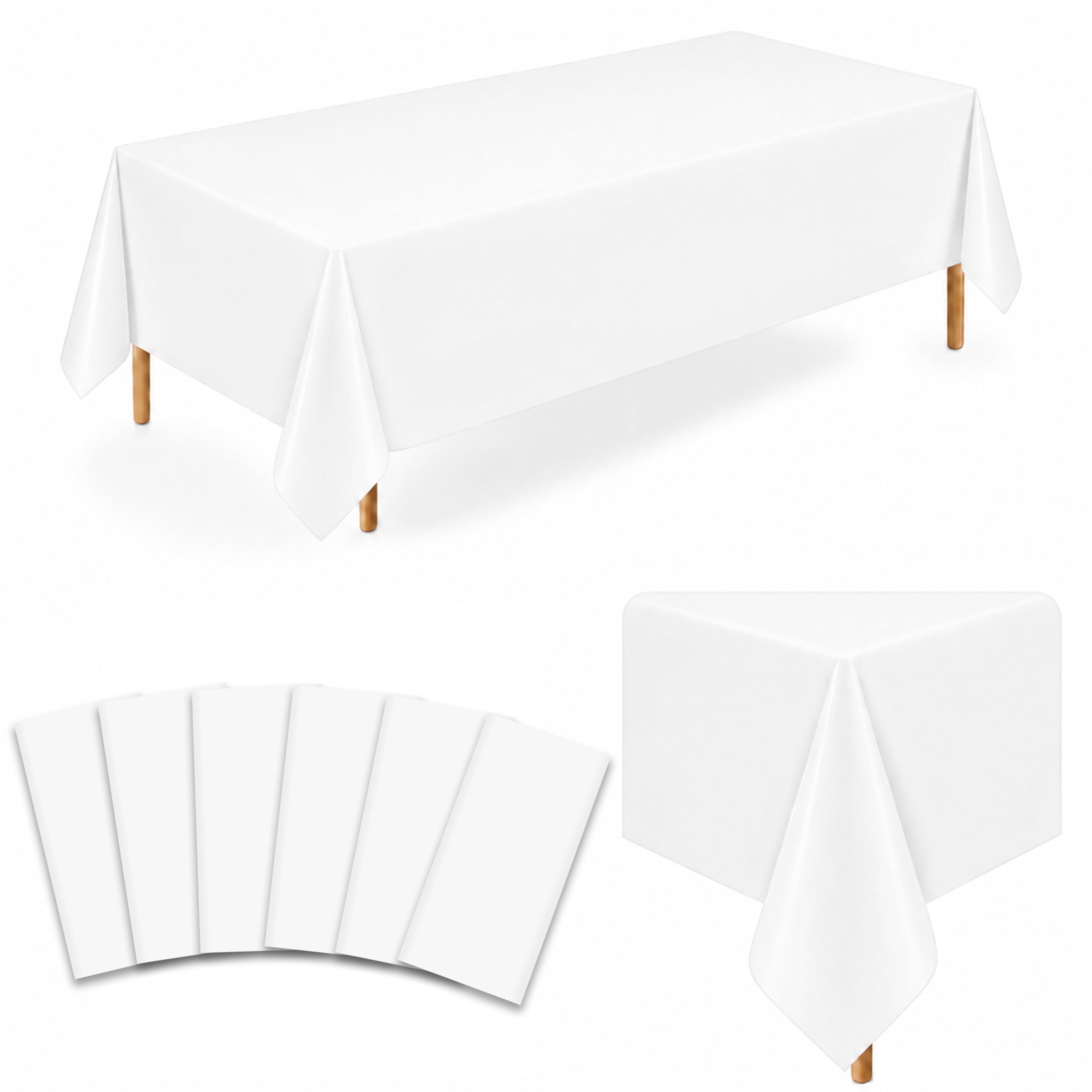 6 Pack White Plastic Tablecloths, 54 x 108 Inch Disposable Covers
