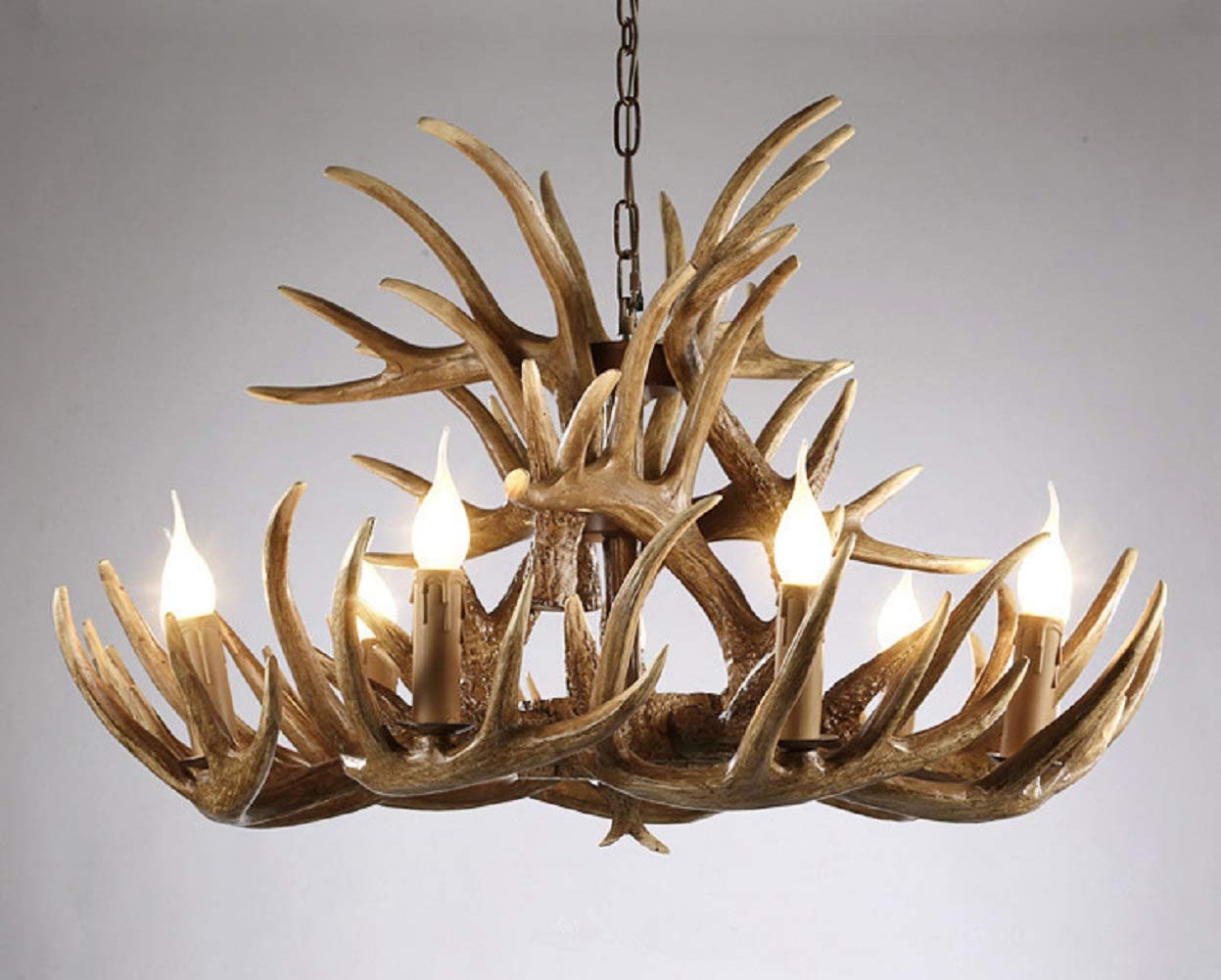 Żyrandol, lampa wisząca z poroża jelenia, rustykalny żyrandol, lampa sufitowa w stylu rustykalnym, 9 świateł, 6 głowic