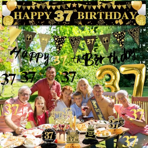 Image of 37th Birthday Decorations for Men, Black Gold 37th Party Decorations | 27pcs Happy 37th Birthdays Set: Banner, Honeycomb, Balloons, Gold Number, Candle, Hanging Swirls, Cake Topper, Party Supplies