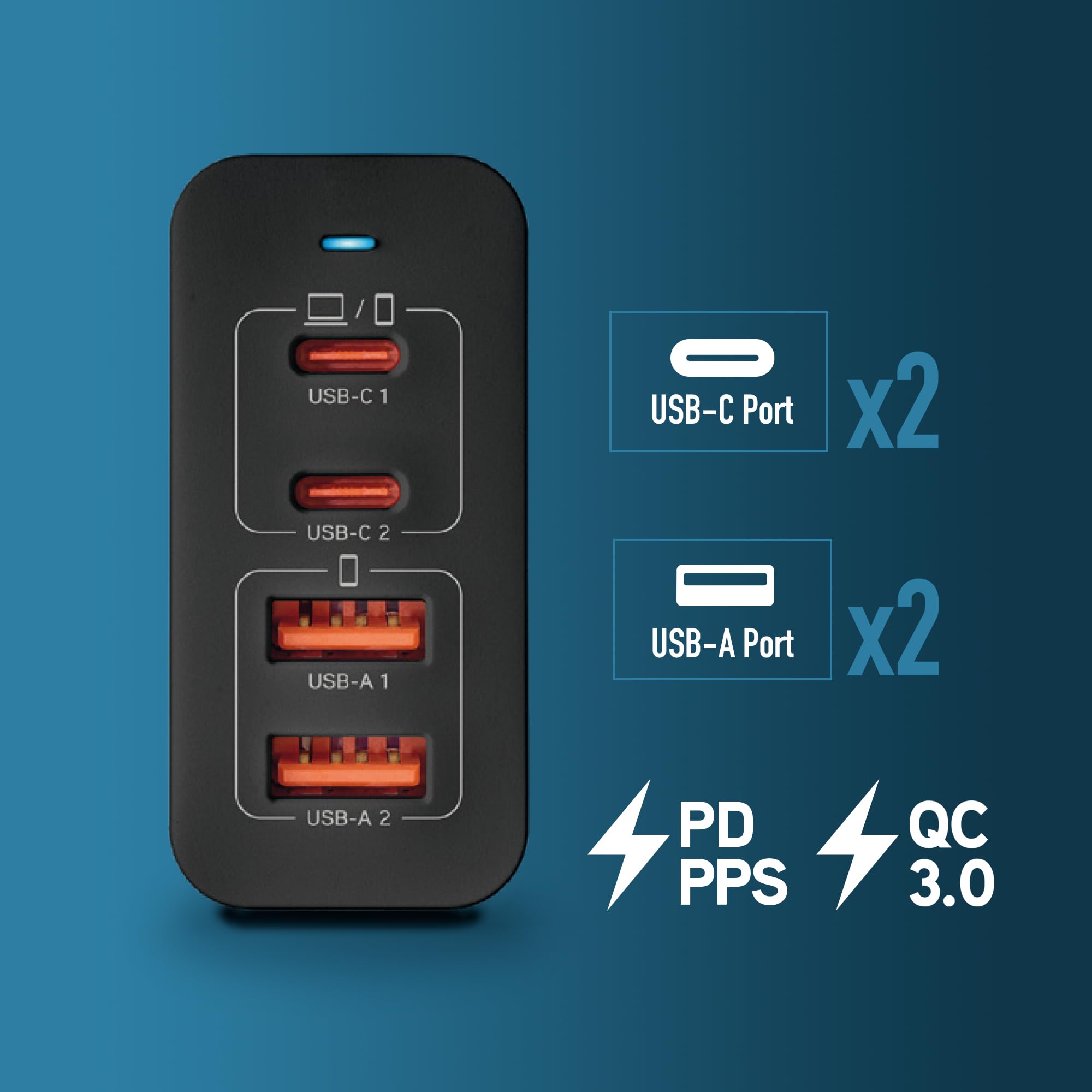 NGS Bud 100 W - Caricatore da parete ultra veloce con 2 porte USB-C(PD & PPS 100 W) 2 USB-A (QC 3.0 30 W) compatto e portatile per smartphone tablet portatili Materiali GAN ignifughi Ricarica