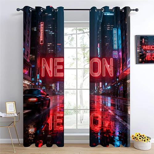Miniatura 11 de Cyber Ring Curtains, Thermal Insulated Darkening Drapes For Sci-Fi Home Decor, Futuristic Neon Circle Digital Grid Scene Grommet Window Treatments
