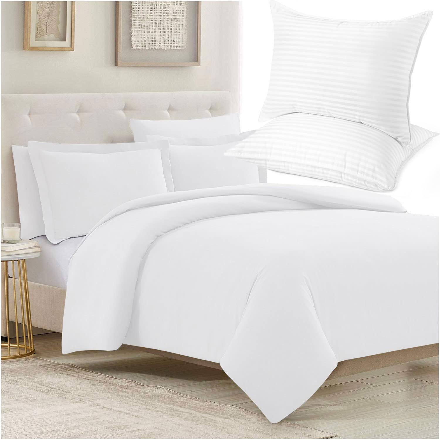 Mellanni Duvet Cover Set + 2 Pillows Bundle&Save - Hotel Luxury Bedding - Bundle Includes: 5pcs King Duvet Cover Set and Set of 2 Pillows King Size 20" x 36" (King, White)