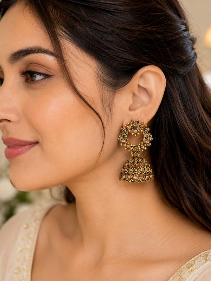 Image of Black Beads Jhumka Earrings, Oxidised Chandbali Earrings for Women, Gold Jhumka Earrings, Boho Earrings, Butterfly Jhumka Earrings