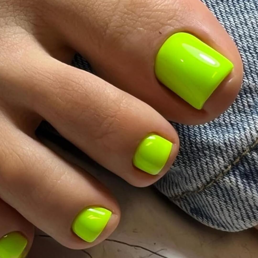 KQueenest Neon Green Toe Nails False Short Square, Glossy Gel Fake Toe Nails, Pure Color Press on Toes Nail