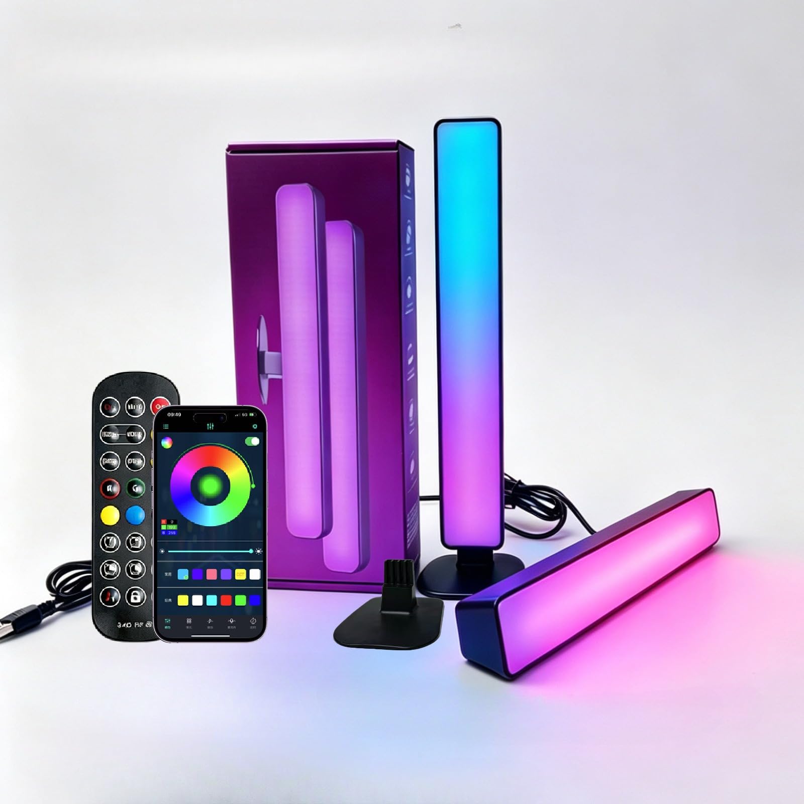 Lot de 2 barres lumineuses RVB avec contrôle du son, synchronisation de la musique, lumière d'ambiance LED avec 16 millions de couleurs, modes dynamiques et contrôle par application, lumières de jeu