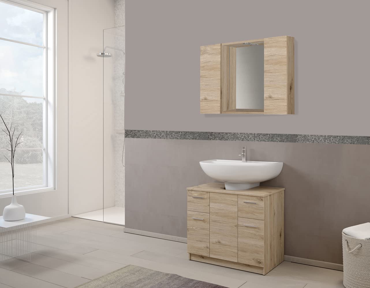 Mama Store SPECCHIERA Bagno con 2 VANI Contenitore e Luce LED-Quercia Naturale, L. 81 CM X P. 16 CM X H. 60 CM