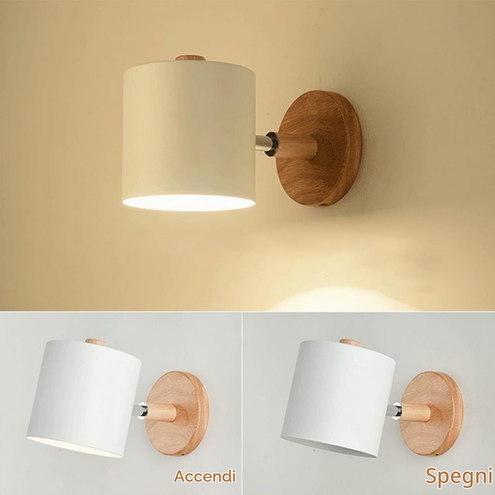 2 Pezzi Applique da Parete Interni E27 Lampada da Parete Legno Regolabile Lampada da parete con Paralume in Metallo Faretto Luce per Comodino Ufficio Soggiorno Lettura, Bianco