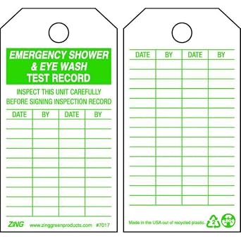 Zing Green Products 7017 "Emergency Shower & Eye Wash Test Record" Safety Tag, 5.75" Length, 3" Width, Pack of 10