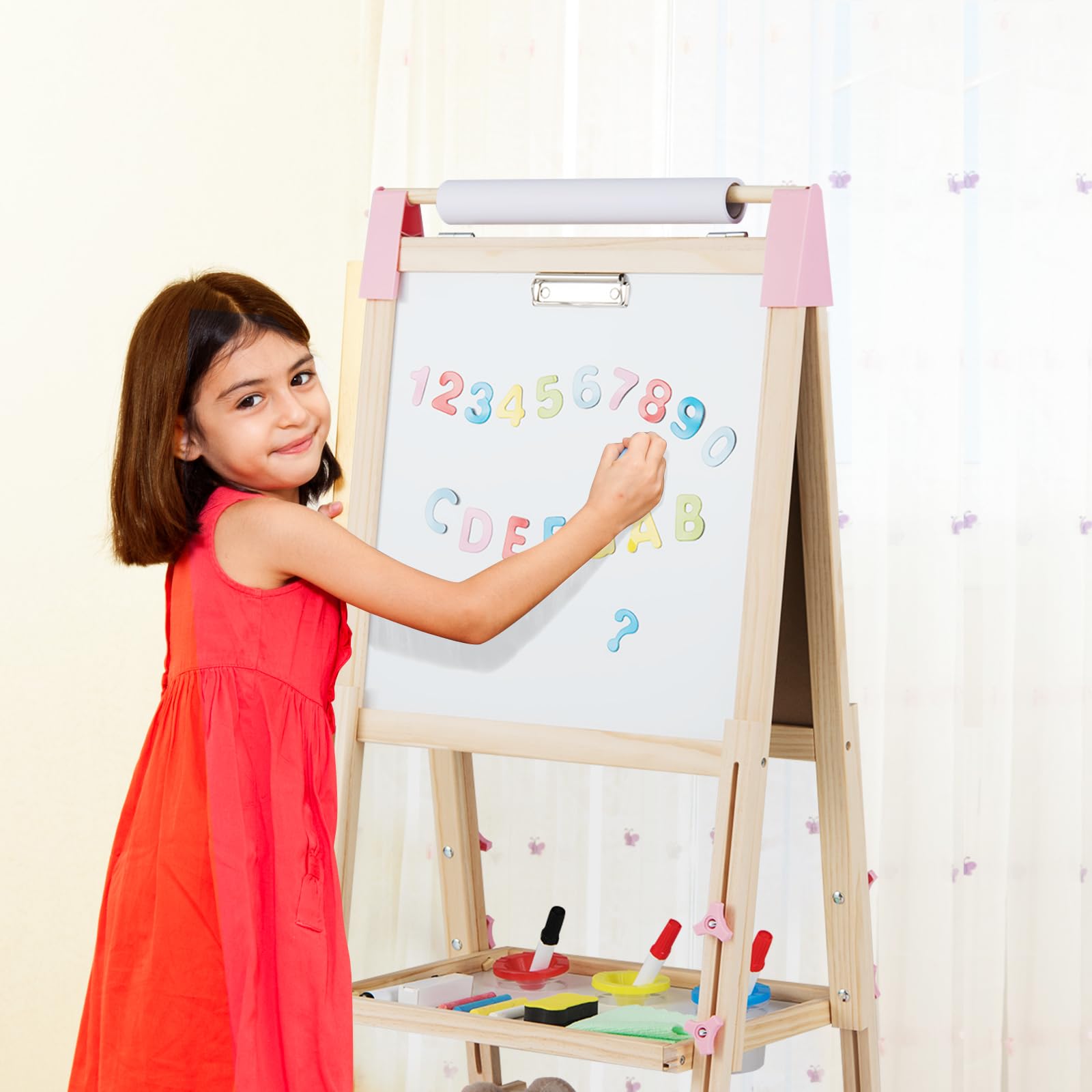 COSTWAY 3 in 1 Staffelei Kinder, doppelseitige Kindertafel höhenverstellbar mit Whiteboard & Kreidetafel, Standtafel inkl. Papierrolle, Zahlen, Kreiden & Farbstift, für Kinder ab 3 Jahren (Rosa)